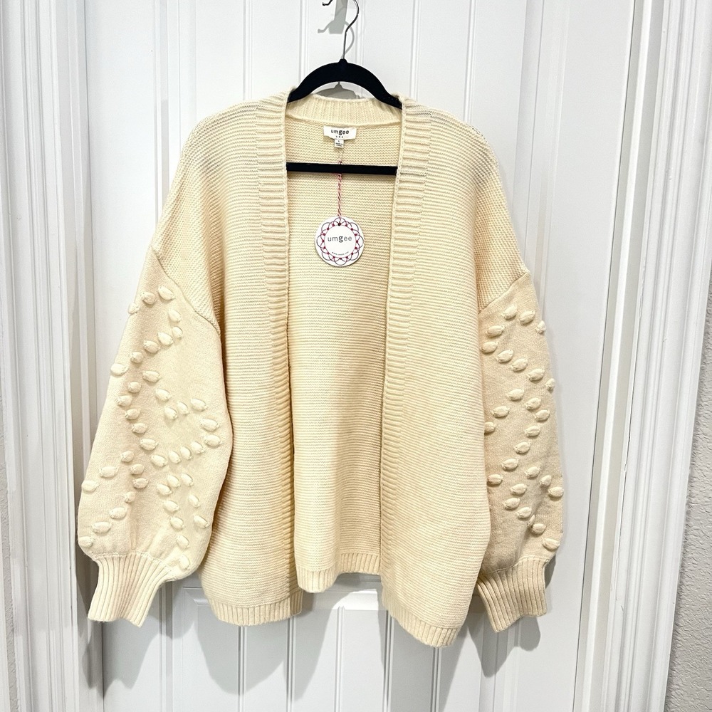 Umgee Ivory Open Front Cardigan Balloon Sleeves‎ Pom Pom's LRG NWT